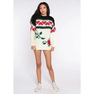 Vintage Partners Mervyns Red Rose Floral Retro Kawaii Heart Sweater Size Small